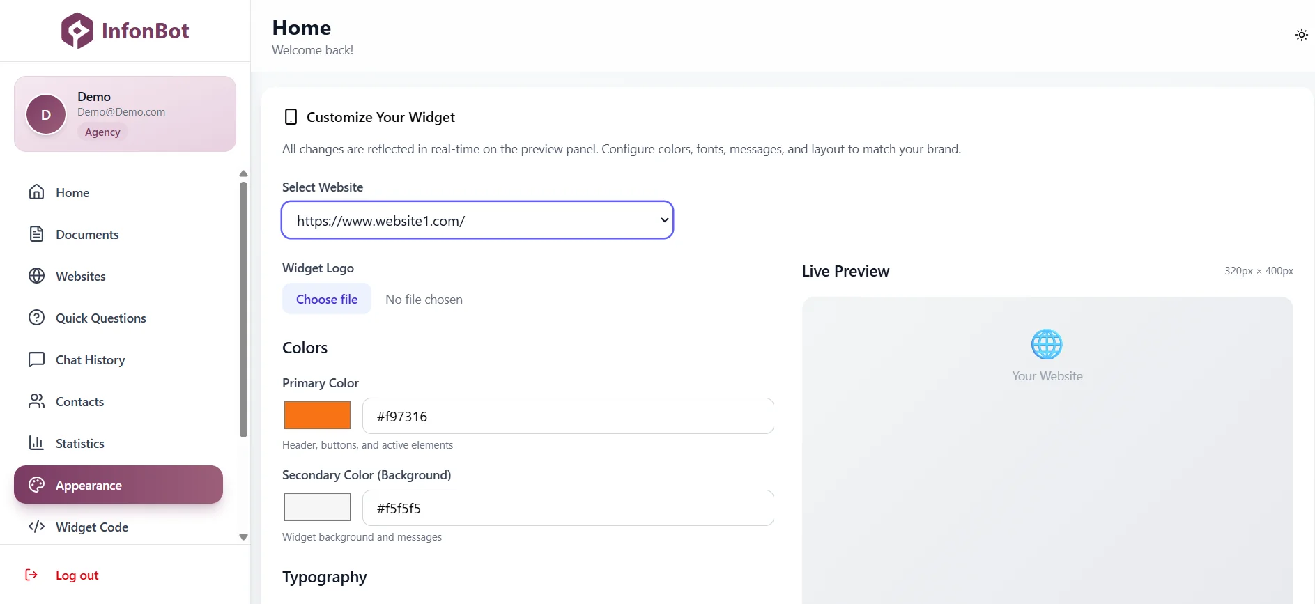 InfonBot Appearance Customization Dashboard - Shows all customization options for widget appearance