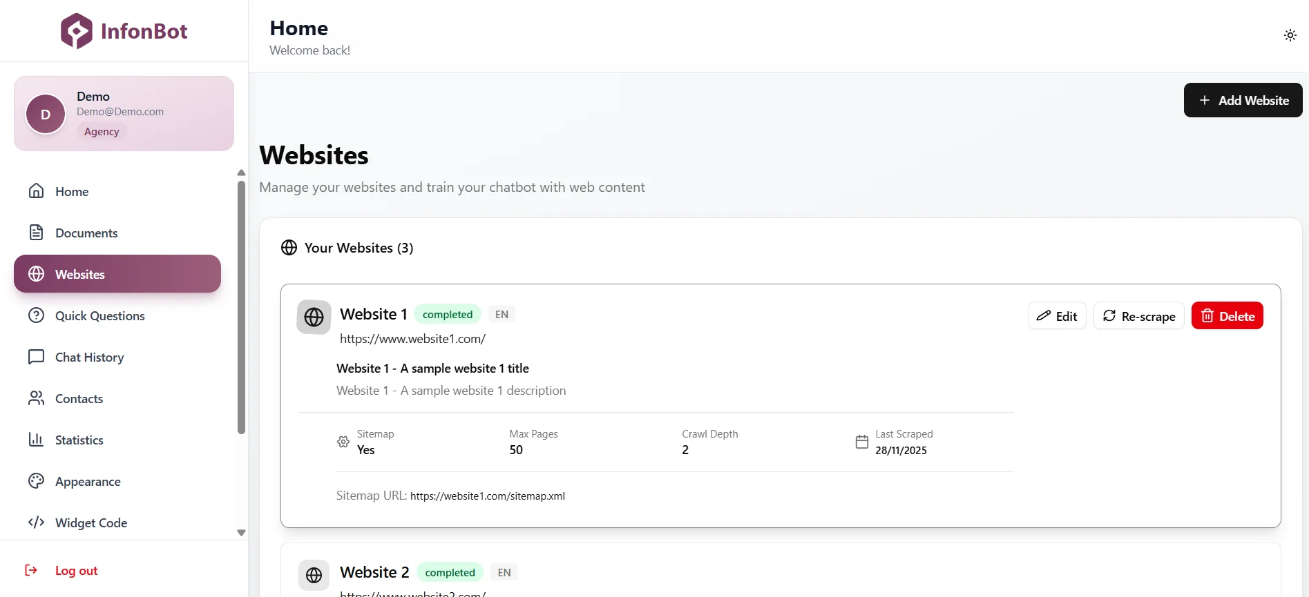 InfonBot Website Management - Shows website URL management and sitemap configuration