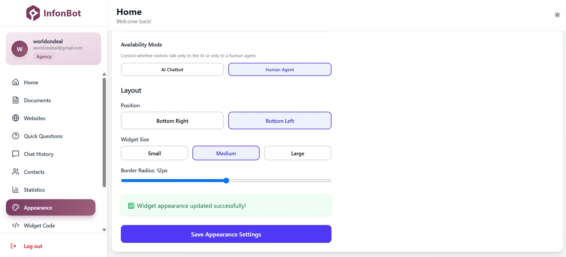InfonBot Availability Mode Settings - Shows AI-only and live chat mode options